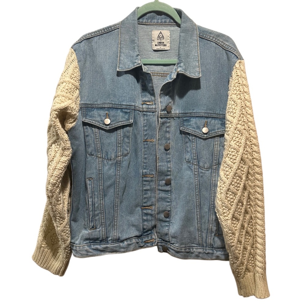 UNIF Urban Outfitters Vici Blue Denim Jacket Cream Cable Knit Sleeves Size L - Picture 7 of 13